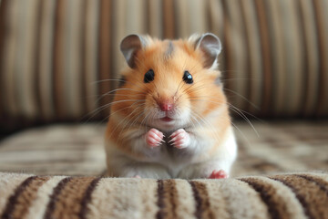 Wall Mural - Cute hamster with whiskers, furry paws, and adorable eyes sitting on striped fabric