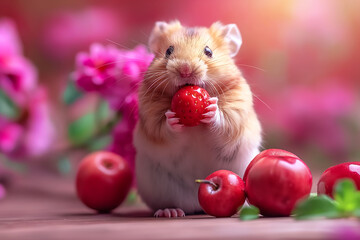 Wall Mural - Cute hamster holding a strawberry in a pink floral setting, vibrant and adorable macro photography