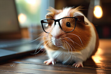 Wall Mural - Adorable guinea pig wearing glasses on a wooden desk, looking smart and cute in an office setting