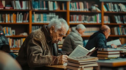 Poster - Elderly students study foreign languages with textbooks and dictionaries, focusing intently in a quiet library filled with shelves of books. Generative AI