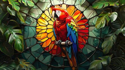 Wall Mural - Stained glass of a vibrant macaw with red, yellow, and blue feathers, encircled by lush green leaves and vines.