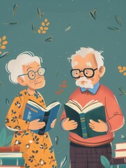 Poster - Two elderly people read foreign language books together, exploring new vocabulary and practicing communication skills in a cozy setting. Generative AI