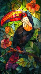 Wall Mural - A stained glass art piece showing a colorful toucan with red feathers, surrounded by green leaves and vines.