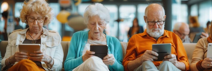 Aufkleber - A group of elderly individuals is focused on their devices, actively reading or browsing in a lively community setting. Generative AI