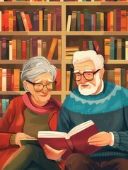 Poster - Two elderly individuals study foreign languages in a cozy library, surrounded by books, using textbooks and dictionaries to enhance their skills. Generative AI