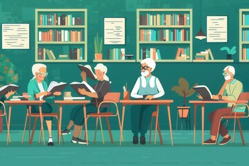 Poster - A group of elderly individuals studies foreign languages using textbooks and dictionaries in a warm, inviting library atmosphere. Generative AI