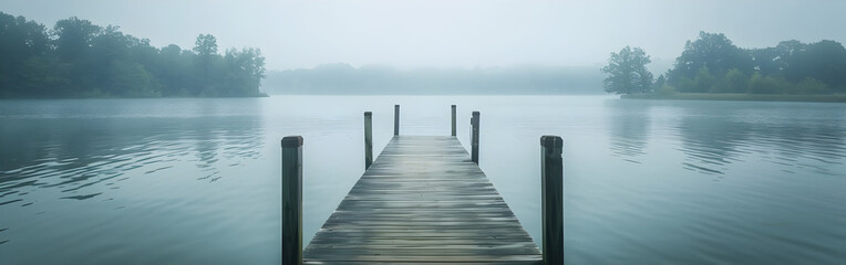  Wooden Dock Extends into Calm Lake on Foggy Day with Reflective Gray Sky

