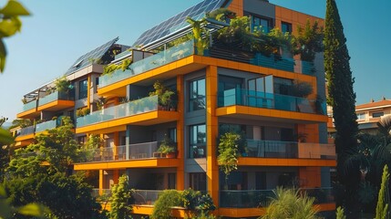 Canvas Print - Solar Panels on Modern Apartment Building in Sustainable Urban Setting with Copy Space