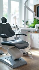 A bright and airy dental office showcases a gray dental chair, surrounded by modern dental equipment and lush green plants. The large windows allow natural light to flood the space, creating a