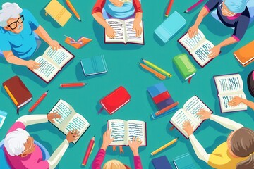 Poster - A group of elderly people studies foreign languages together, using various textbooks and dictionaries on a vibrant blue table. Generative AI