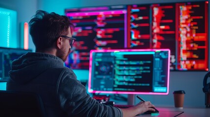 Advanced software tools, programmer at desk, neon holographic interface