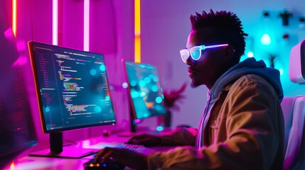 Advanced coding environment, neon holograms, tech-savvy programmer