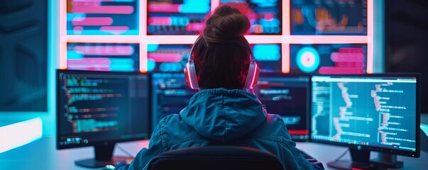 cyber coder, neon interface, futuristic coding room