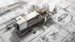 © Zhanna - A detailed 3D rendering of an industrial machine positioned overlaid on a technical blueprint background, illustrating a sophisticated engineering design process and technological innovation.