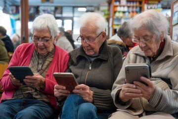 Aufkleber - Three elderly friends sit side by side in a café, absorbed in their tablets, enjoying each other's company in a warm and inviting atmosphere. Generative AI
