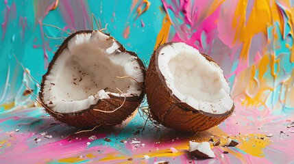 Wall Mural - Cracked coconut on a colorful backdrop