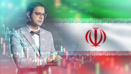 Wall Mural - Man is investor from Iran. Businessman with laptop in his hands. Investor trades on stock exchange. Financial analyst from Iran. Man investor monitors falling chart. Crisis, recession, decline.