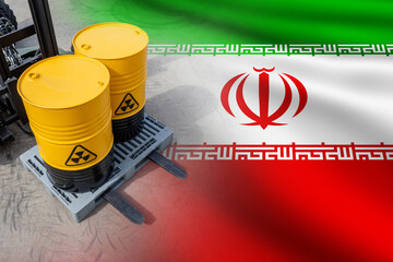 Barrels with radioactive fuel. Flag of Iran. Production of radioactive substances. Enriched uranium in metal tanks. Nuclear energy in Iran. Toxic substances on pallet. Industry of Iran