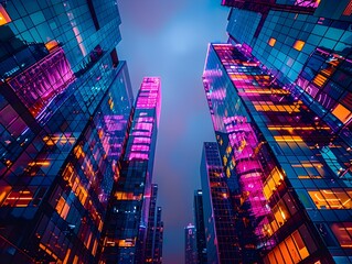 Canvas Print - Vibrant Nightlife in a Futuristic City Skyline with Colorful Illuminated Skyscrapers