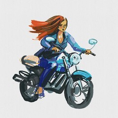 girl on motorcycle. Hand drawn watercolor illustration. 