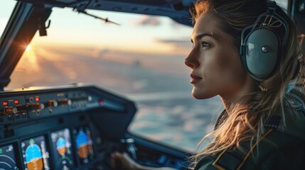 Canvas Print - A woman piloting a plane with a sun setting in the background