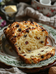 Wall Mural - A slice of nut and raisin bread on a decorative plate.