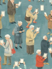 Aufkleber - A group of elderly individuals gathers at a community center, eagerly learning to use tablets and explore technology together. Generative AI