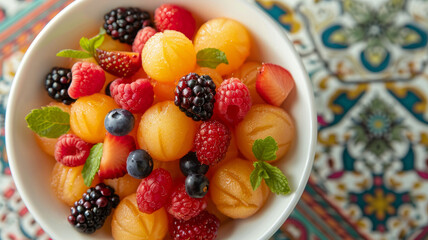 Canvas Print - Bowl of mixed berries and melon on a patterned cloth.