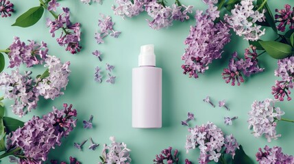 Wall Mural - Cosmetics with lilac scent in white bottle amid purple flowers on mint green background