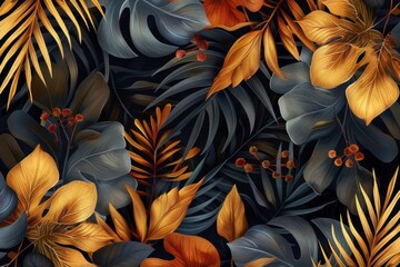 Canvas Print - Golden Tropical Leaves Pattern