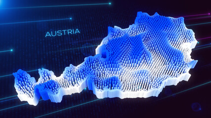 Wall Mural - digital 3d perspective dynamic rippling map of austria in blue and white, set against dark futuristi