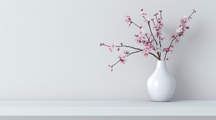 Wall Mural - A vase of cherry blossoms on a minimalist shelf, there is empty space for text next to it, Ai generated Images