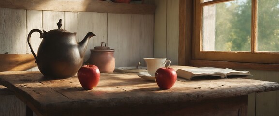 Wall Mural - Cozy rustic kitchen interior with apple fruits on old wooden table.