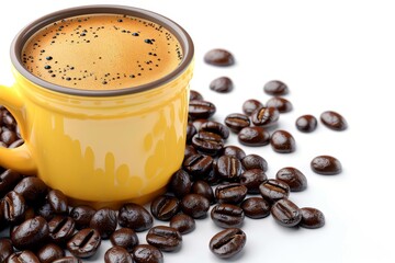Wall Mural - bright yellow coffee cup with beans captured in natural light perfect for cheerful and vibrant setti