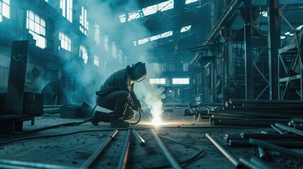 A man is working in a factory with a lot of smoke and debris