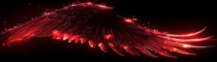 Wall Mural - neon devil wing with sharp glowing edges and dark details on black background