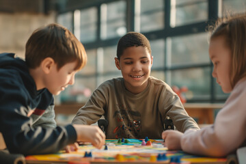 Three diverse children playing a board game together, Kids enjoying a board game, showcasing diversity and teamwork in a brightly lit, welcoming environment.