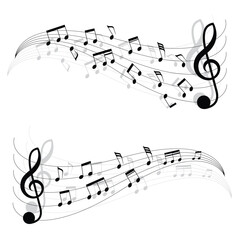 Poster - Two little black musical notes on moving chords. A vector illustration