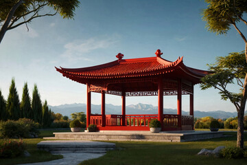 Illustration. Asian gazebo. Red roofs. Territory of an abandoned hotel Bedugul Taman Rekreasi Hotel & Resort. Beautiful landscape. Tourism and travel in Southeast Asia