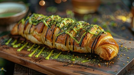 Wall Mural - Croissant topped with matcha cream and drizzle on wooden platter Selective focus Secluded