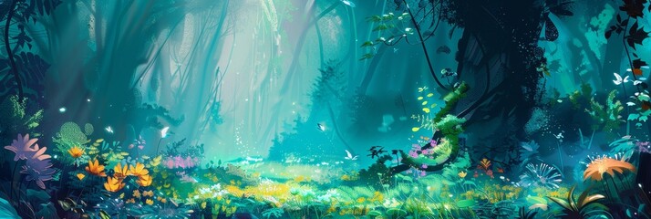 Sticker - A magical forest path illuminated by a soft, ethereal light, with vibrant greenery, blooming flowers, and a sense of mystery and wonder.