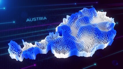 Wall Mural - digital motion 3d perspective dynamic rippling map of austria in blue and white, set against dark fu