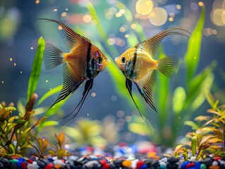 Sticker - Elegant Angelfish Gliding Through Vibrant Freshwater Aquarium with Exotic Plants and Gravel