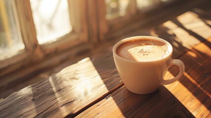 Artistic mocha coffee in white cup on wooden table in warm morning light