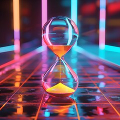 Poster - Vibrant Retro Hourglass in Neon Lit 80s Themed Environment Highlighting Time Concept