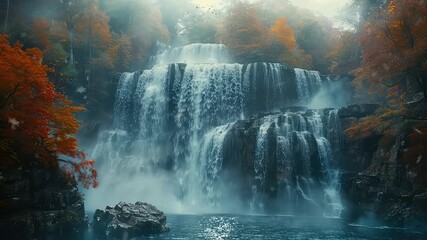 Wall Mural - animation enchanting autumn waterfall in a misty forest landscape generated with ai