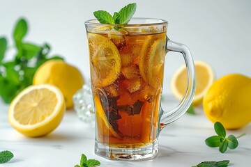 Poster - Refreshing Lemon Iced Tea in Tall Glass with Mint Leaves and Lemons