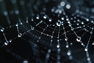 This photo captures a close up of water droplets on a black background, highlighting the intricate details and textures, Macro shot of raindrops on a spider web, AI Generated