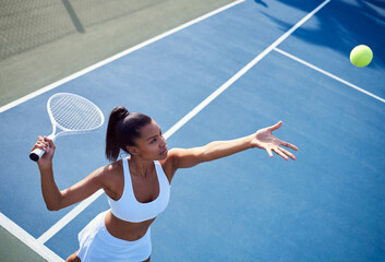 Poster - Woman, racket and tennis ball or aim or playing, fitness and training in summer exercise with equipment. Energy, match and competition challenge, active and practice for sport game or workout