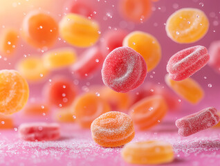 Wall Mural - Colorful candies and gummy sweets floating with sugar in a vibrant background